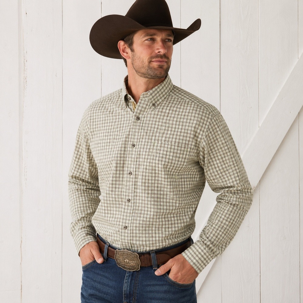 Ariat Pro Series Shirt Mens Large Tan Green Plaid Long Sleeve Western Workwear